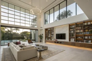 Luxury double-height living room in Tonalá 1 featuring contemporary designer furniture, a Bang & Olufsen TV, and a curated design library.