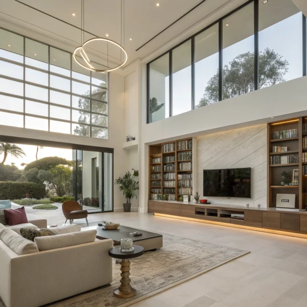 Luxury double-height living room in Tonalá 1 featuring contemporary designer furniture, a Bang & Olufsen TV, and a curated design library.