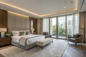 Primary suite at Tonalá 1 with a king-size bed, B&B Italia furniture, and a private lounge area.
