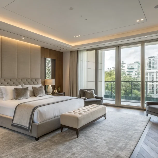Primary suite at Tonalá 1 with a king-size bed, B&B Italia furniture, and a private lounge area.