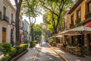 Tree-lined street in Roma Norte, Mexico City, showing the vibrant neighborhood culture with cafes and historic architecture.