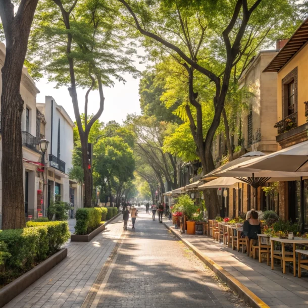 Tree-lined street in Roma Norte, Mexico City, showing the vibrant neighborhood culture with cafes and historic architecture.
