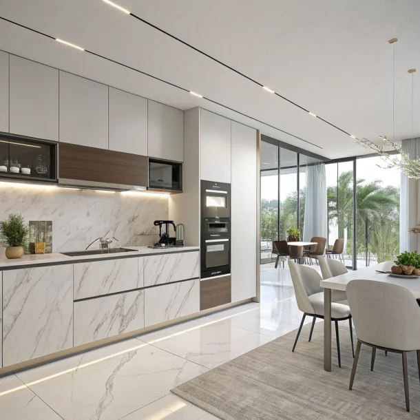 Modern Miele kitchen in Tonalá 1 with premium appliances and a minimalist design integrated into the living space.