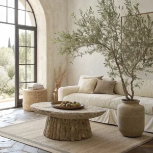 Interior de diseño minimalista con muebles de piedra y madera.