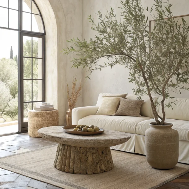 Interior de diseño minimalista con muebles de piedra y madera.