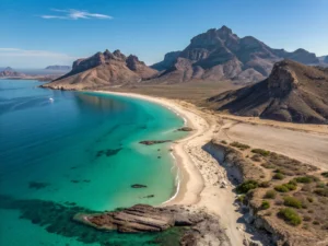 Paisaje costero en Loreto, Baja California, con montañas y mar turquesa.