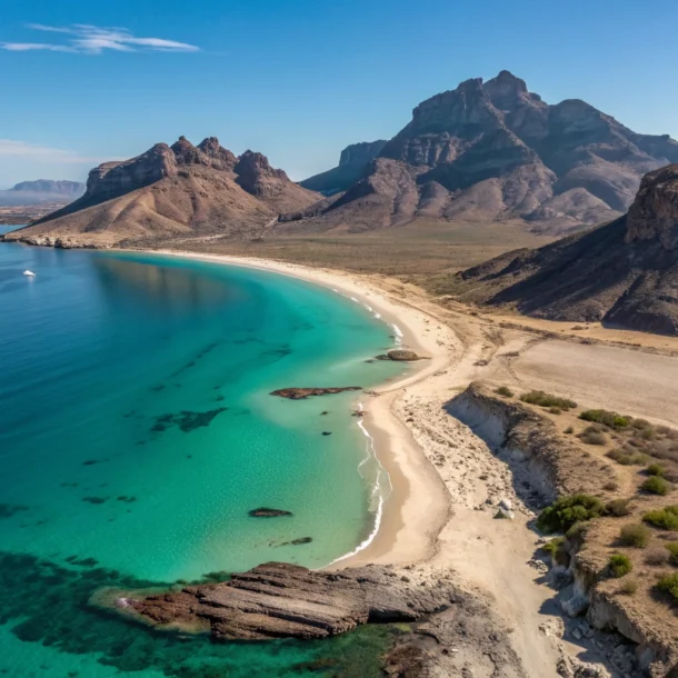 Paisaje costero en Loreto, Baja California, con montañas y mar turquesa.