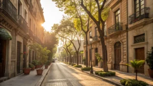 Calle arbolada en Roma Norte, Ciudad de México, con arquitectura clásica y plantas.