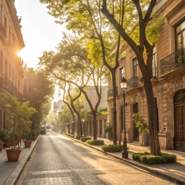 Calle arbolada en Roma Norte, Ciudad de México, con arquitectura clásica y plantas.
