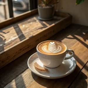 Taza de café con arte latte en una mesa de madera bajo el sol.