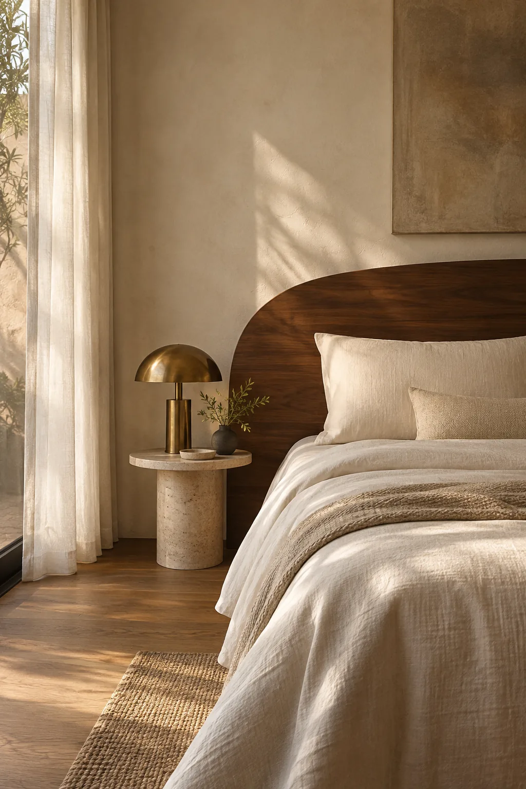 AI-generated bedroom mood study with linen, walnut and warm light; illustrative only
