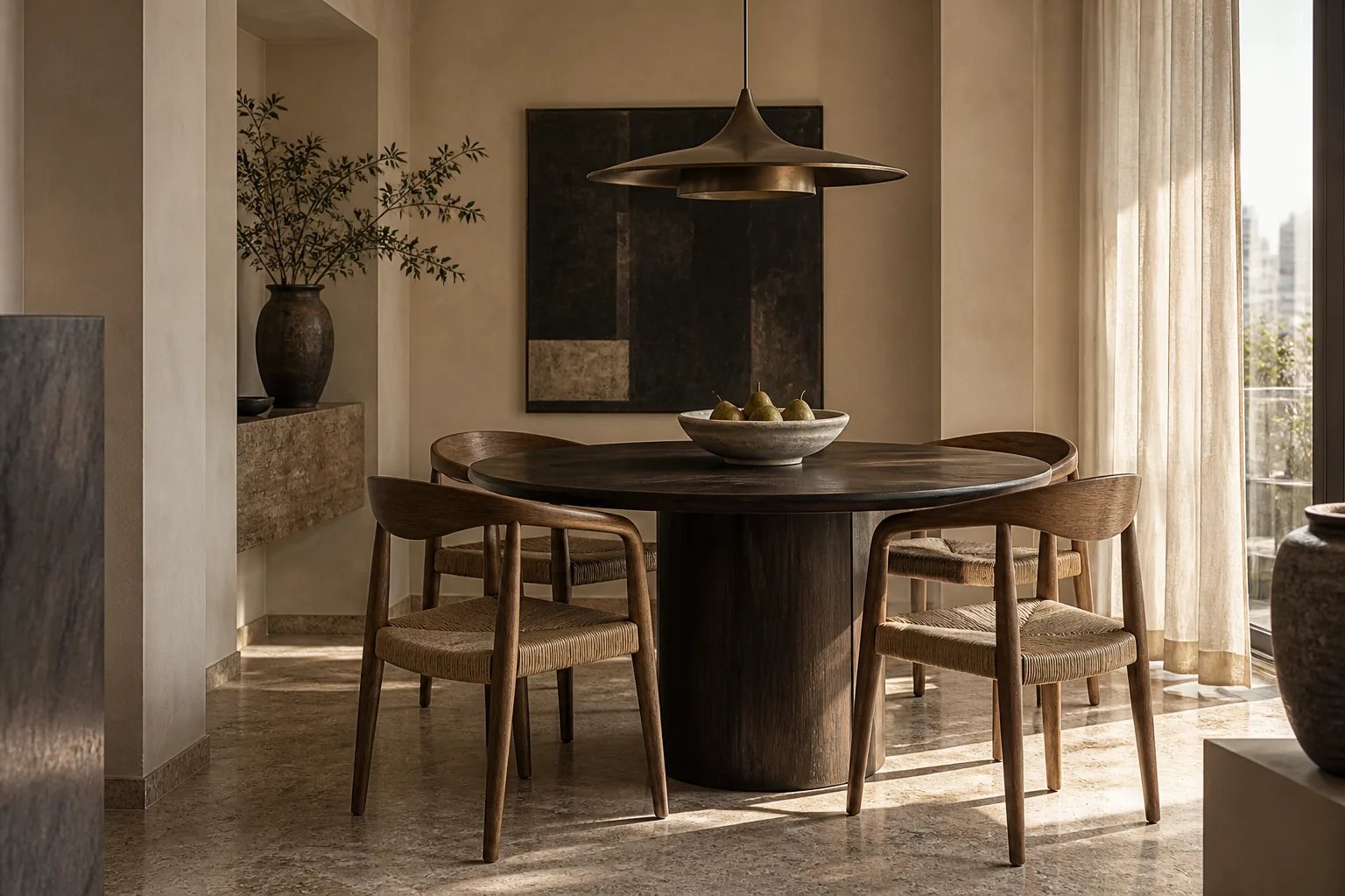 AI-generated dining-room concept in walnut and warm stone; not an actual property photograph