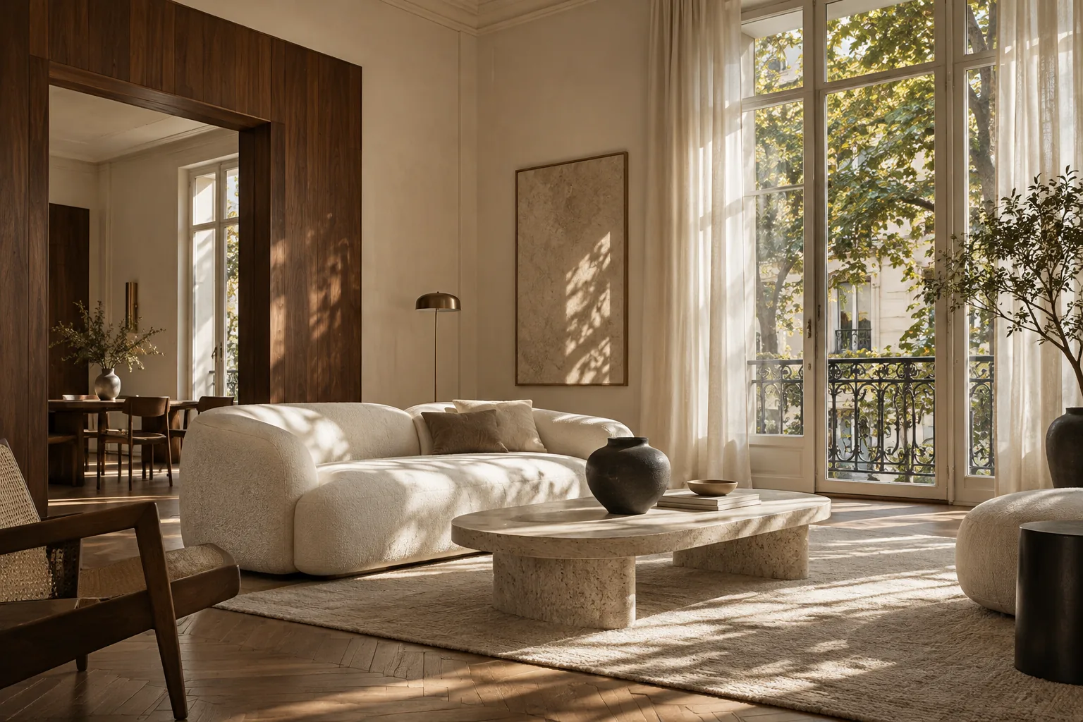 AI-generated concept illustration of an ivory and walnut living room; not a photograph of Tonalá 6