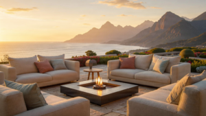 Cozy outdoor lounge area with a fire pit and sea view.