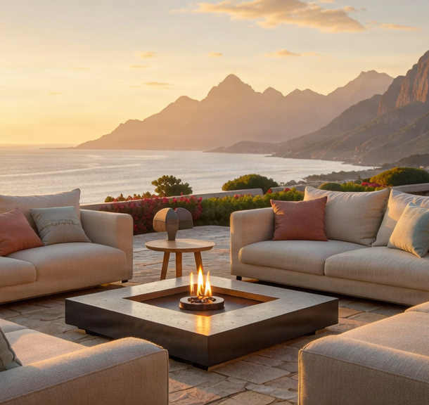 Cozy outdoor lounge area with a fire pit and sea view.
