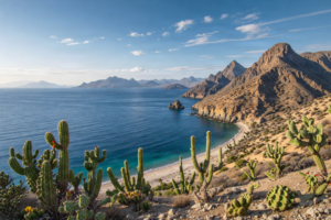 Scenic view of Loreto coastline with desert mountains and blue water.