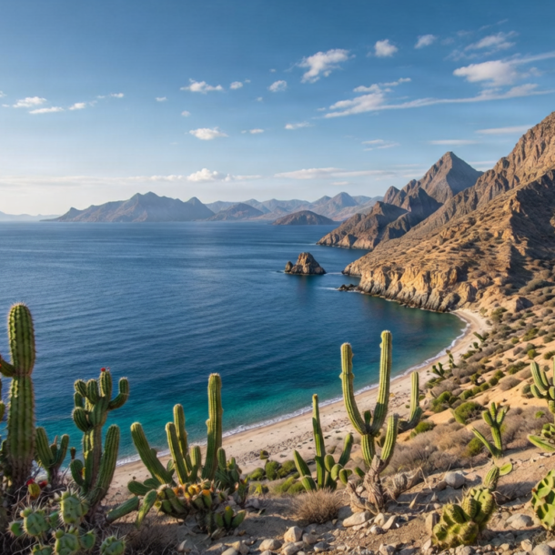 Scenic view of Loreto coastline with desert mountains and blue water.