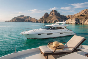 Luxury boat on the Sea of Cortez with mountain views.