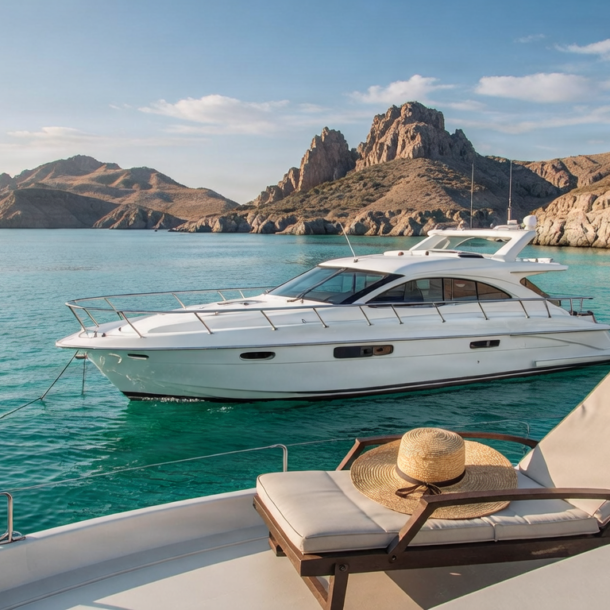 Luxury boat on the Sea of Cortez with mountain views.