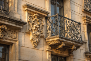 Architectural detail of a historic building with ornate carvings.
