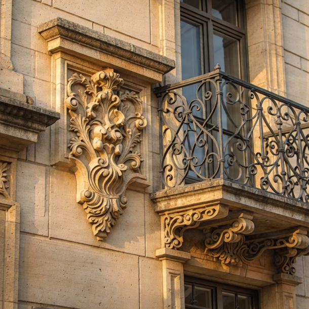 Architectural detail of a historic building with ornate carvings.