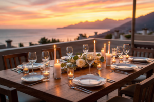 Outdoor dinner table set at sunset with ocean views.
