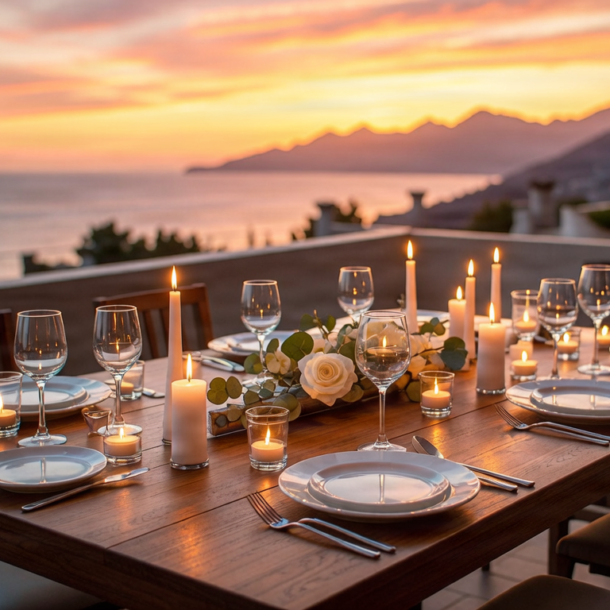 Outdoor dinner table set at sunset with ocean views.